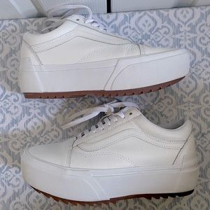 White leather stacked platform vans